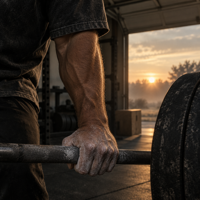Chalked hands on a barbell at dawn