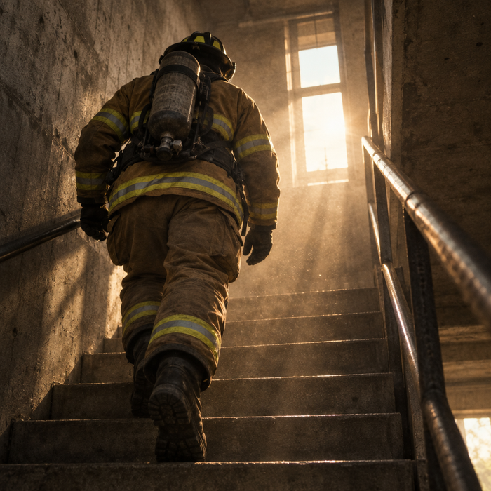 A firefighter climbing a training tower stairwell