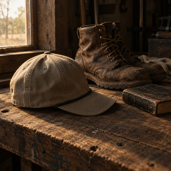 A stone cap on a workbench beside work boots and a Bible