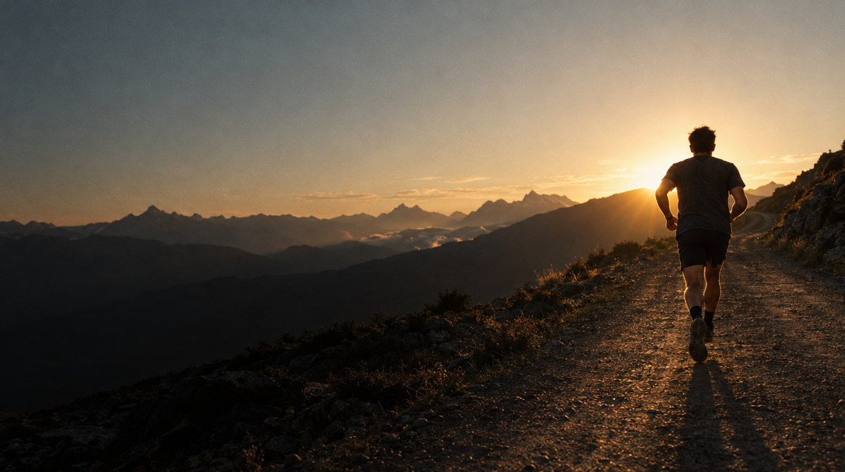 A man running up a mountain ridge road at sunrise