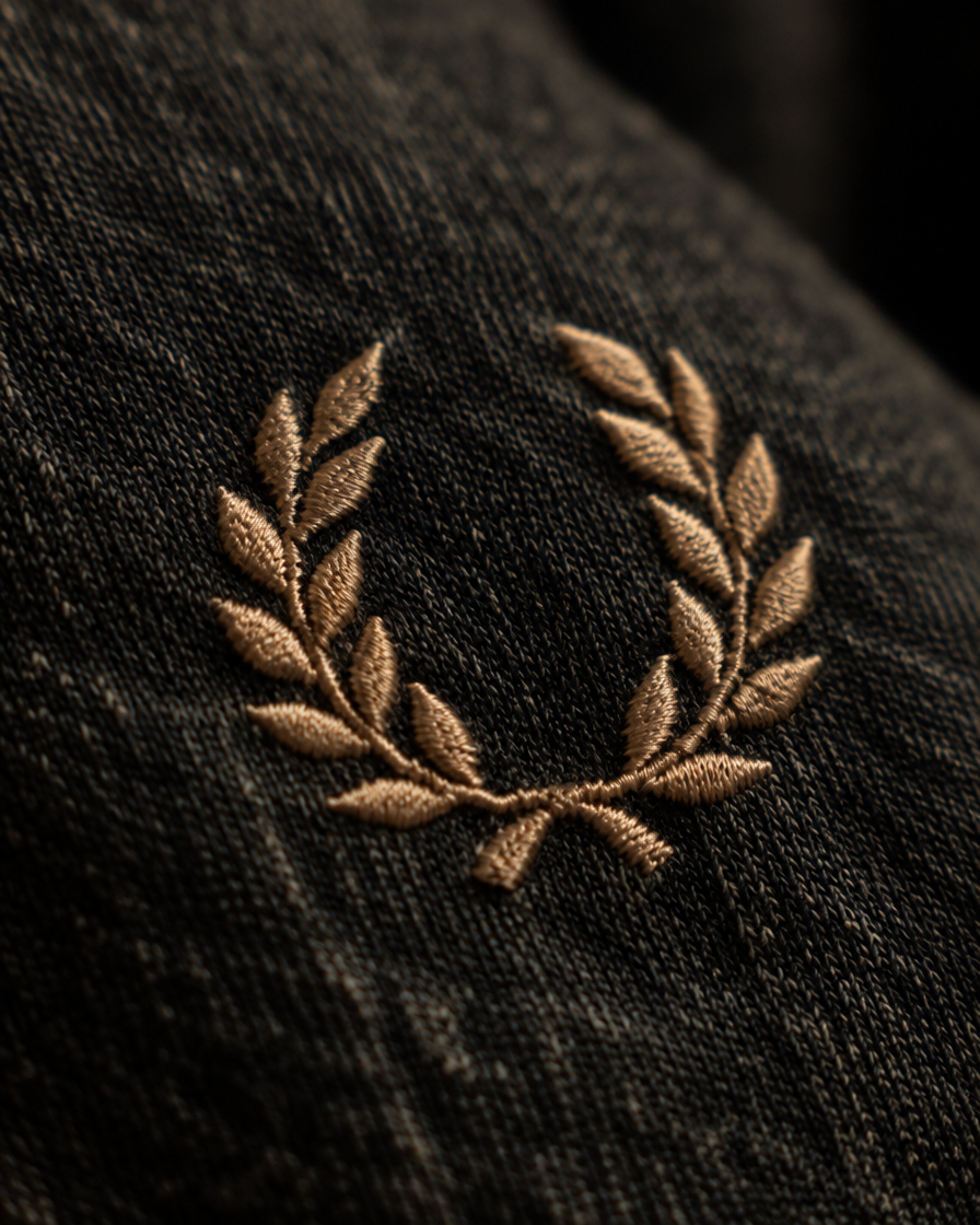Close-up of tan laurel embroidery on washed black cotton