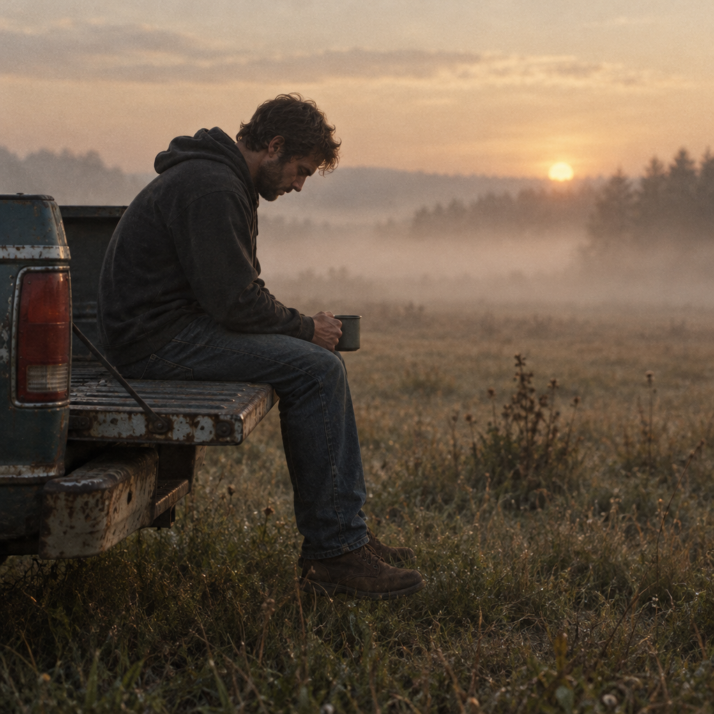 A man on a truck tailgate at dawn with coffee, head bowed