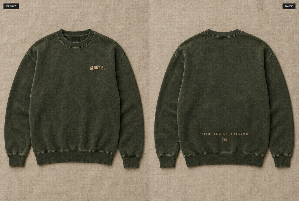 The Glory Be Crew in Olive, front and back flat lay
