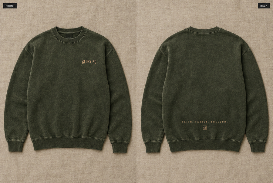 The Glory Be Crew in Olive, front and back flat lay