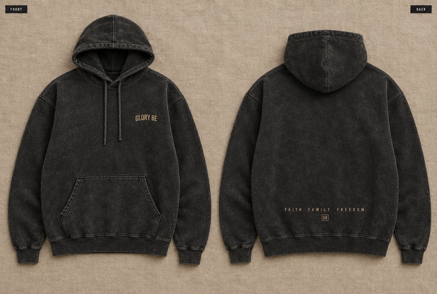 The Glory Be Hoodie in Washed Black, front and back flat lay