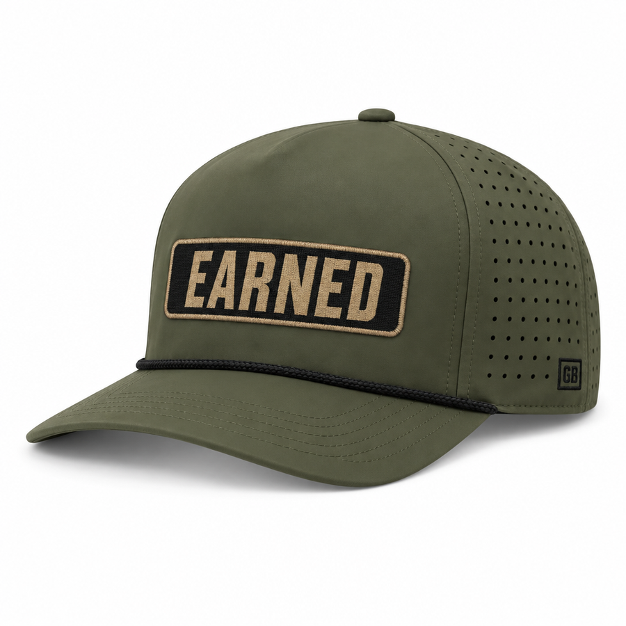 The Earned Hat, a five-panel olive performance rope hat with a black woven EARNED patch